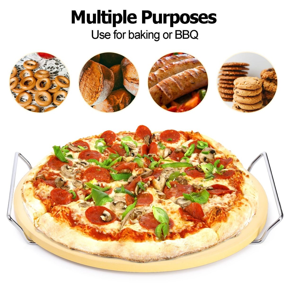 ZENFUN Round Pizza Stone with Wooden Peel and Metal Carry Rack 12 In Cooking Pizza Stone for Oven Baking and BBQ Grilling Round Baking Stone Cordierite Pizza Cooking Pan Free Bamboo Pizza Peel Paddle ZENFUN