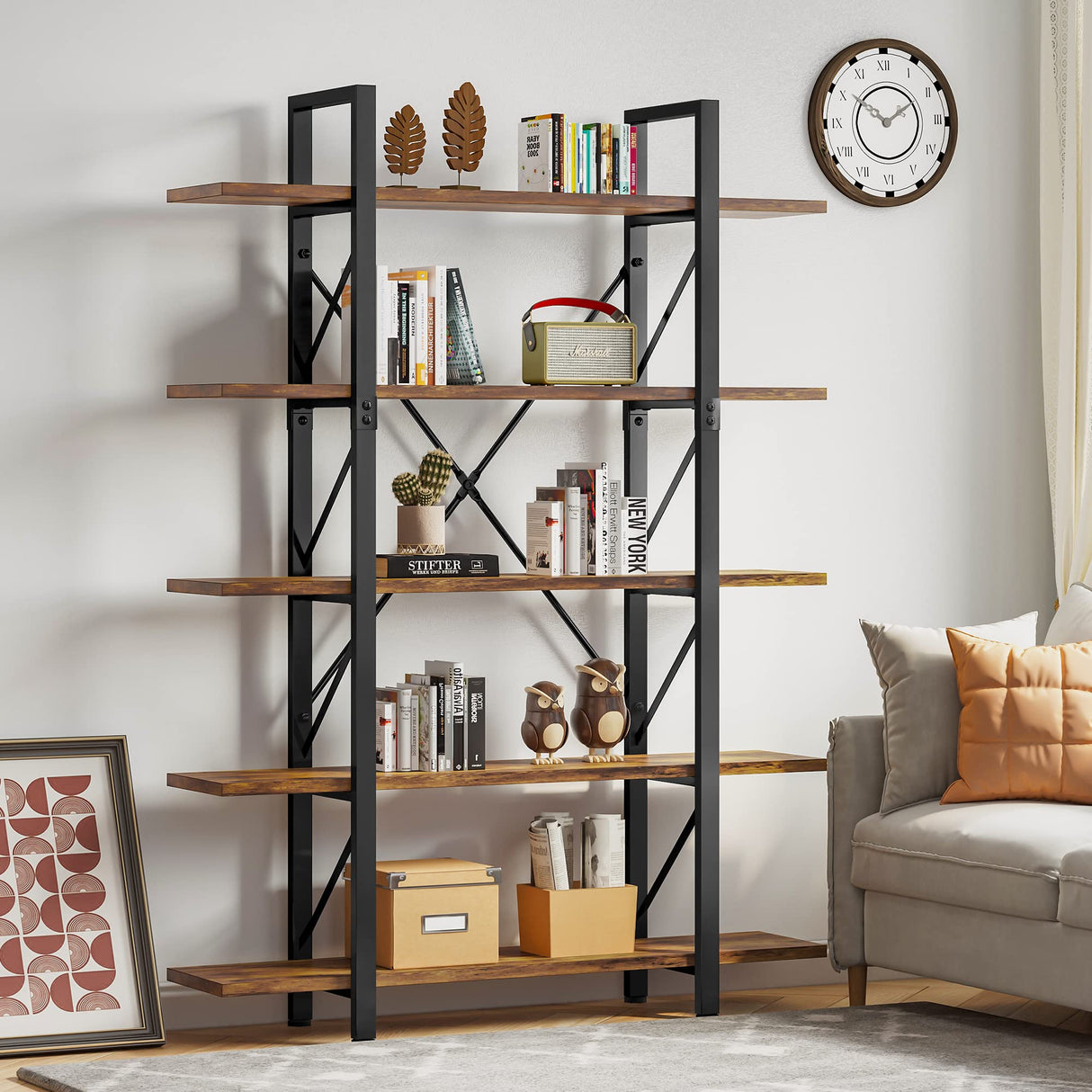 YITAHOME 5 Tier Bookcase, Artsy Modern Bookshelf, Book Rack, Storage Rack Shelves in Living Room/Home/Office, Books Holder Organizer for Books/Movies - Rustic Brown YITAHOME