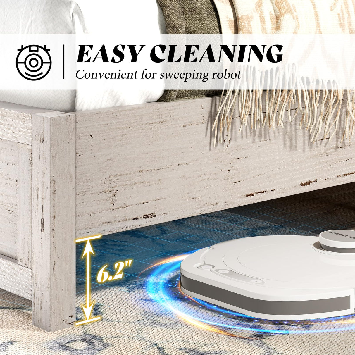 AMERLIFE Farmhouse King Size Bed Frame with 49" Fluted Headboard, Wood Platform Bed with Natural Wood Grain, No Box Spring Needed/Noise Free, Distressed White AMERLIFE