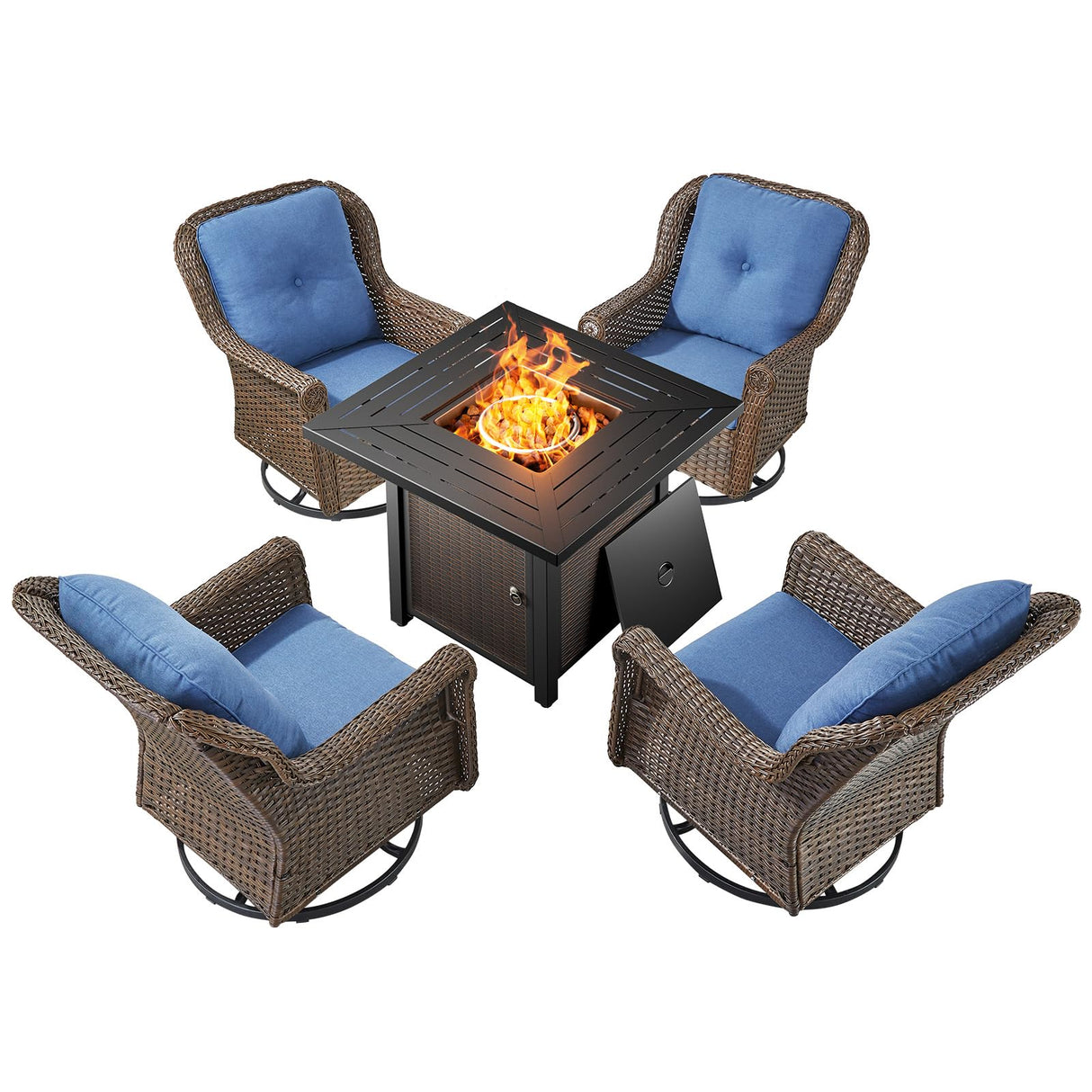 Bellefurn Patio Resin Wicker Furniture Set with Fire Pit Table, PE Rattan Swivel Patio Chairs with Propane Fire Pit Table, Brown Wicker 5PCS Patio Conversation Set Bellefurn