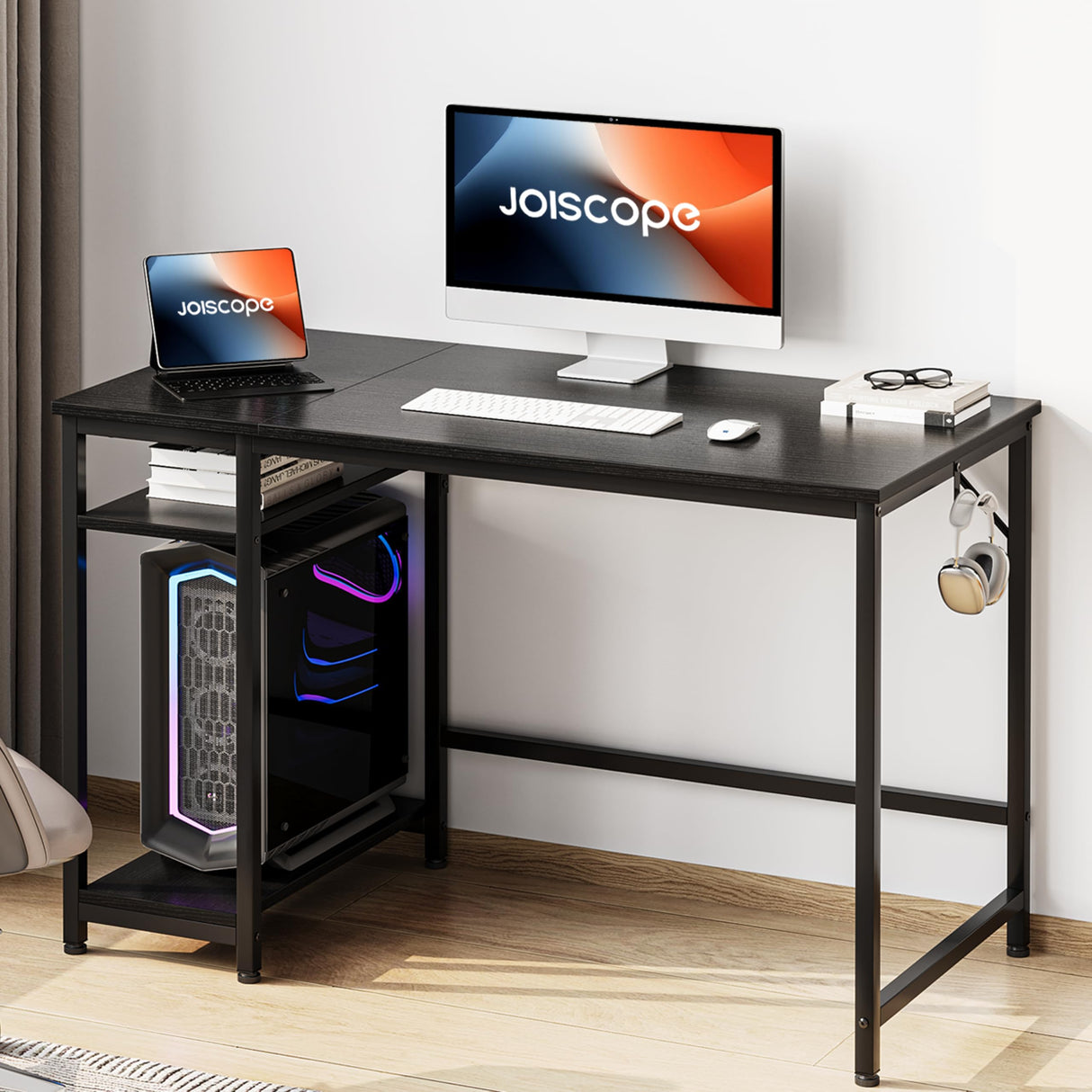 JOISCOPE Home Office Desk with Double Reversible Side Shelves and Headphone Hooks, Small Computer Desk for Working, Gaming, Studying, 48 inches, Black JOISCOPE
