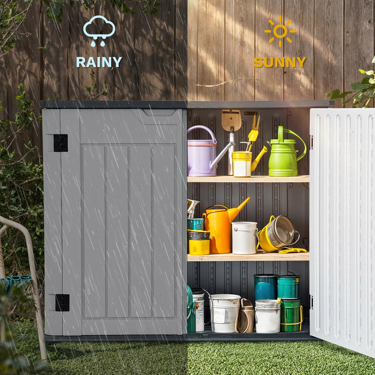 DWVO Outdoor Weather-Resistant Horizontal Storage Shed, 35 Cu Ft Capacity, Lockable and Waterproof, Suitable for Storing Garden Tools, Light Gray DWVO
