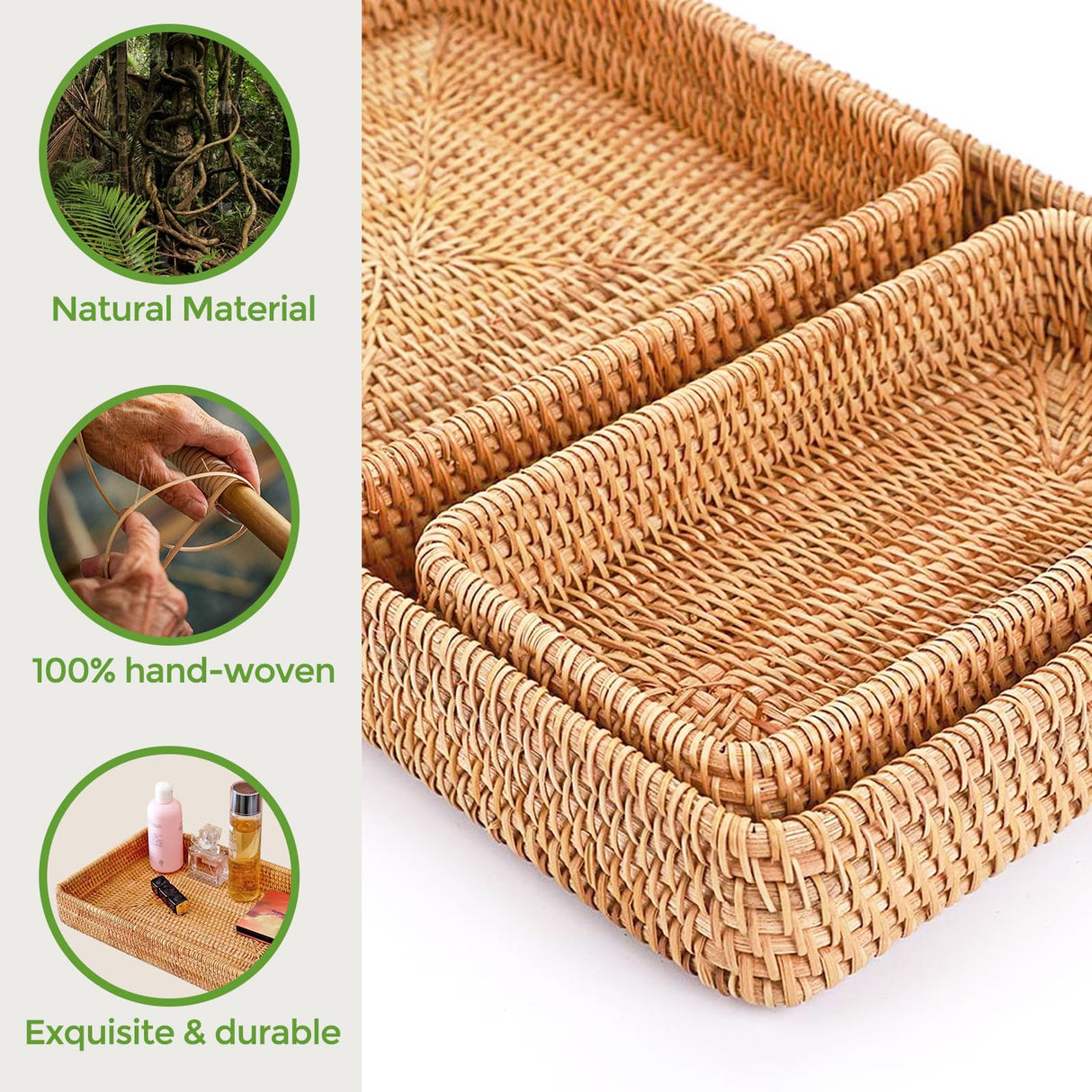 Rattan Serving Tray, Rectangle Rattan Basket Set of 3, Wicker Storage Basket Wicker Baskets for Organizing, Natural Basket Tray Decorative Basket Woven Tray for Home Decor Bathroom Kitchen Counter S310