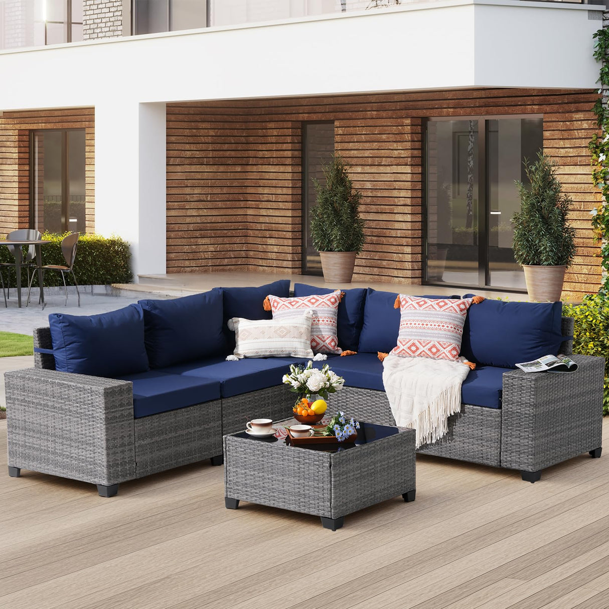 JOIVI Patio Furniture Set with Coffee Table - Flexible 6 Piece PE Wicker Rattan Outdoor Sofa Configuration, Enhanced Comfort with Additional Cushion Covers, Ideal for Family Game Nights, Blue JOIVI