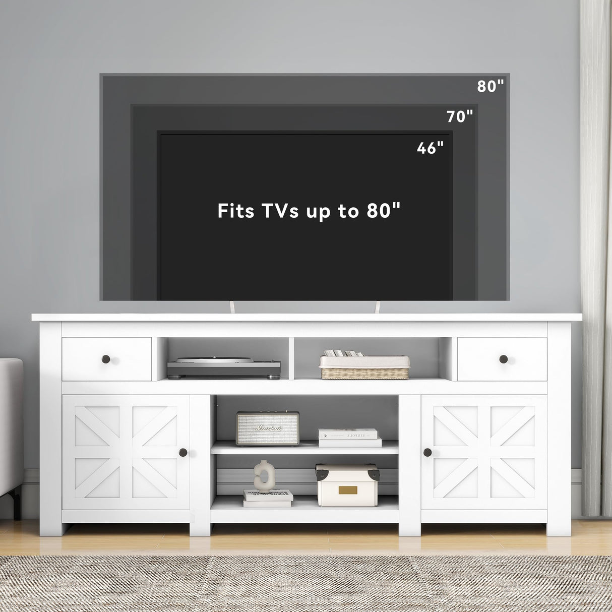 DWVO Farmhouse TV Stand for 75 Inch TV, Entertainment Center with Storage Cabinets, Media Console, TV Table with Drawers, TV Stands for Living Room, White DWVO