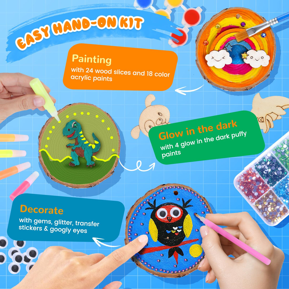 Wooden Painting Kit Crafts Kit for Kids Ages 6-12, 24 Wood Slices Glow in The Dark Arts and Crafts with Painting Craft Activities Kits, Creative Art Toys for 5, 6, 7, 8, 9, 10, 11, 12 Year Old Kids Ideashop