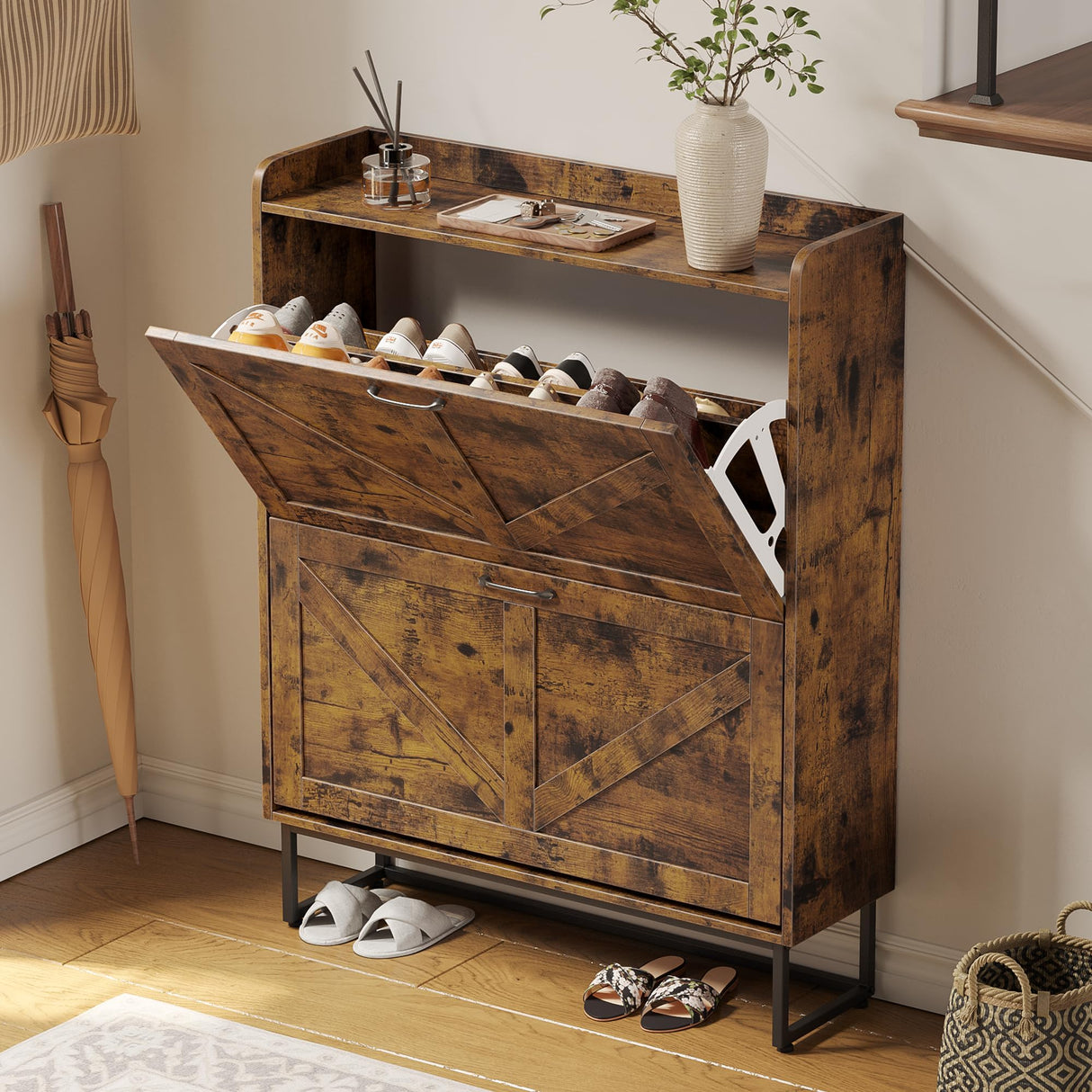 Dowinx Shoe Cabinet Storage with 2 Flip Drawers, Freestanding Shoe Organier Cabinet with Metal Legs, Farmhouse Narrow Shoe Stroage Cabinet Hidden for Entryway Hallway, Rustic Brown Dowinx