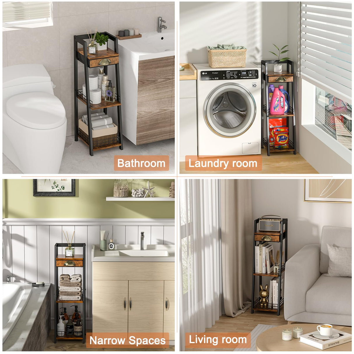 keomaisyto 3-Tier Narrow Bathroom Shelves with Drawer, Bathroom Organizers and Storage, Open Floor Ladder Shelf, Freestanding Tower Slim Standing Unit for Small Spaces - Rustic Brown keomaisyto