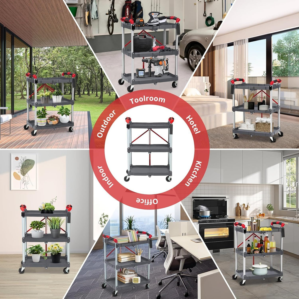 Portable Folding Service Cart, 3-Tier Fold Up Rolling Cart, Collapsible Push Cart with Wheels, 56 Lbs Load Capacity per Shelf Folding Utility Carts for Home/Office/Warehouse - Gery PioneerWorks