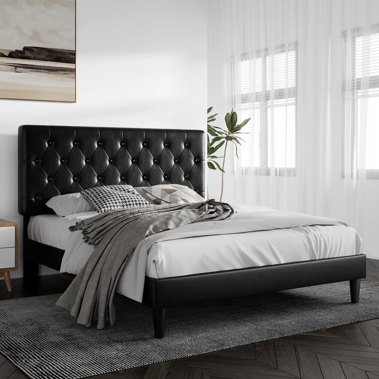 SHA CERLIN Full Size Platform Bed Frame with Button Tufted Headboard, Faux Leather Upholstered Mattress Foundation, Wooden Slat Support, No Box Spring Needed, Black SHA CERLIN