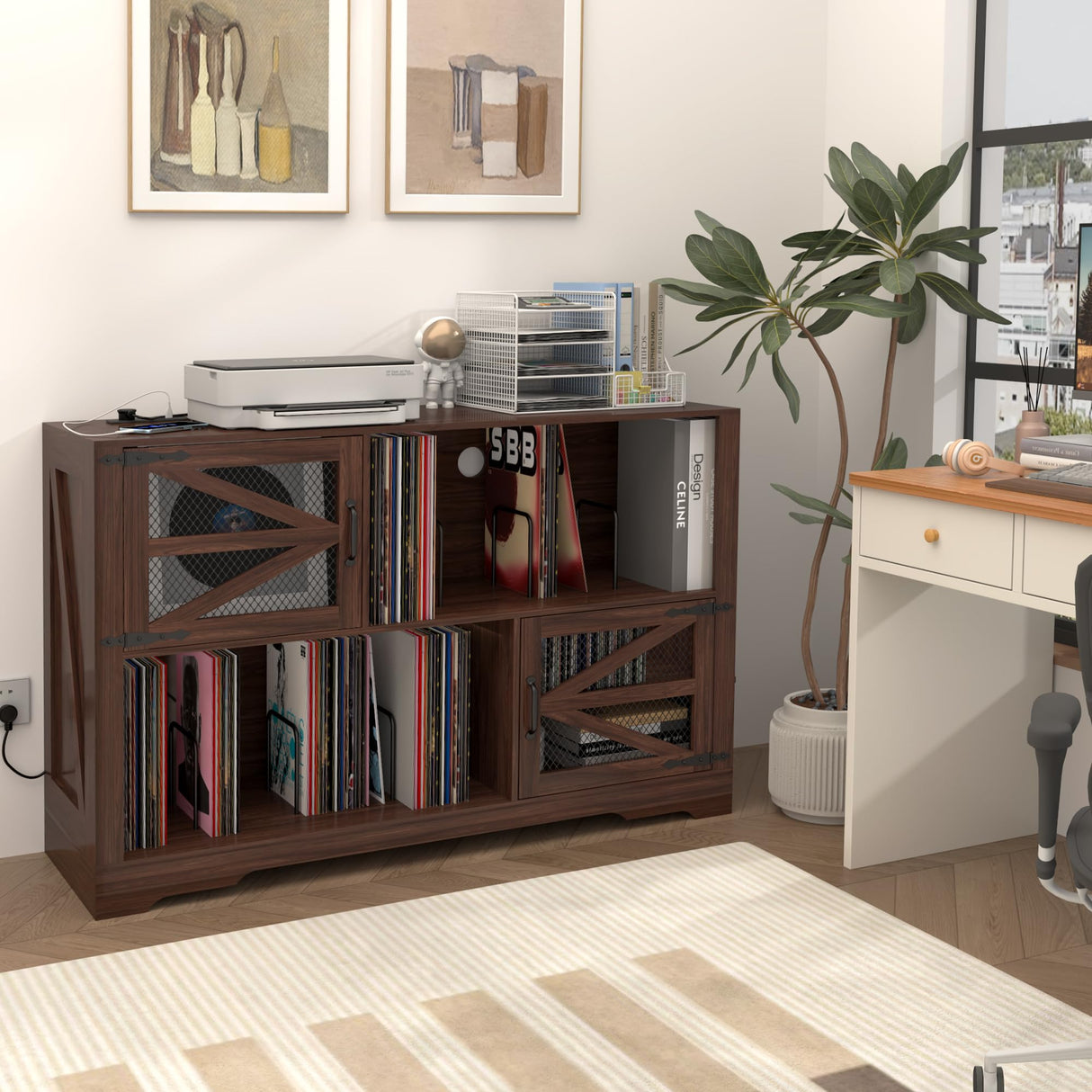 VAXZOFI Large Record Player Stand with Vinyl Storage, 500+ Vinyl Record Storage Cabinet, 47 Inch Record Player Table with Power Outlet, Farmhouse Wooden Turntable Stand for Living Room, Walnut VAXZOFI