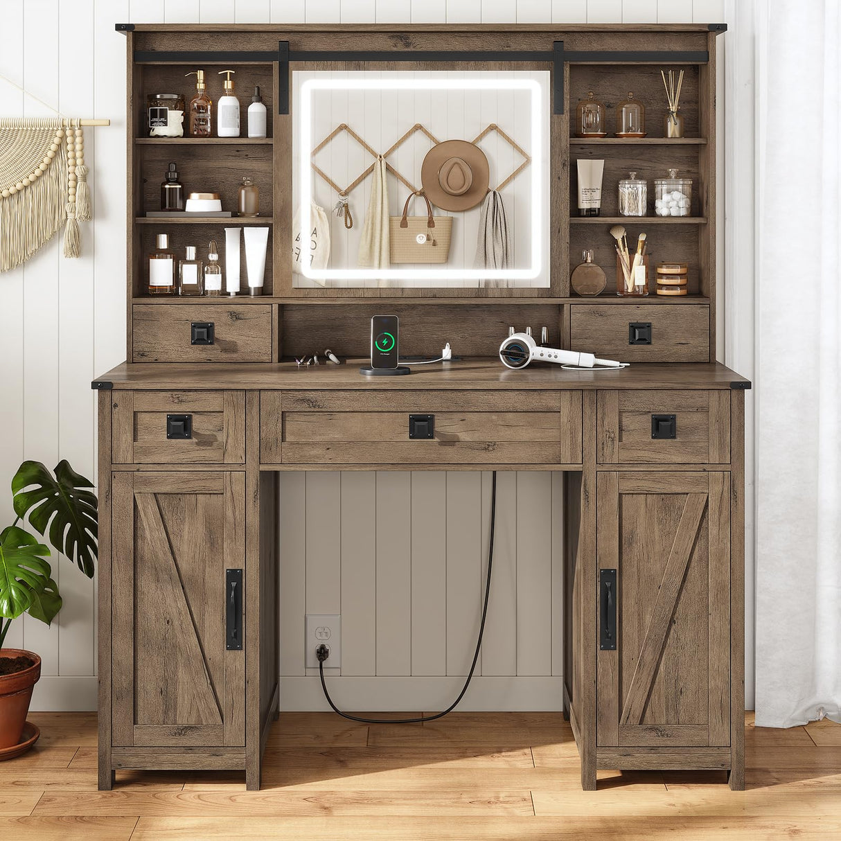 AOGLLATI Farmhouse Makeup Vanity Desk with Lights & Charging Station,Vanity Desk with Mirror and Lights, 47.2” Large Brown Vanity Table with Ample Storage Space and Sliding Mirror (Oak Brown) AOGLLATI