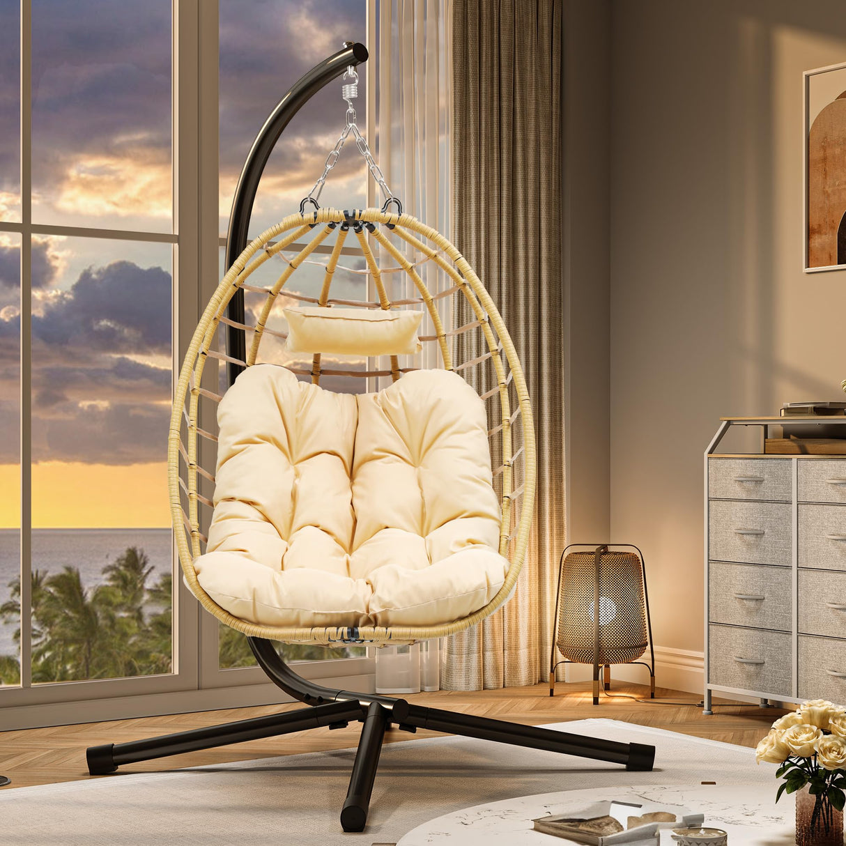 YITAHOME Egg Chair Swing Hanging Outdoor Wicker Hammock Chairs Indoor with Steel Stand UV Resistant Cushion 330lbs for Patio, Bedroom, Garden and Balcony - Beige YITAHOME
