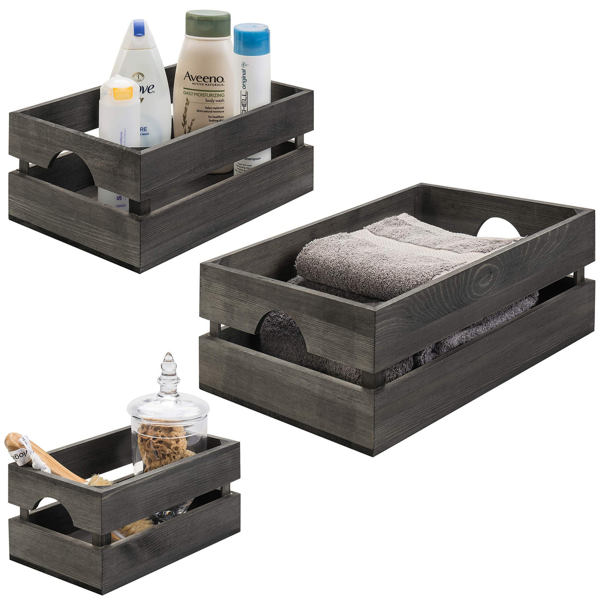 MyGift Rustic Gray Solid Wood Storage Organizer Box with Handle, 3 Piece Various Size Decorative Nesting Crate MyGift