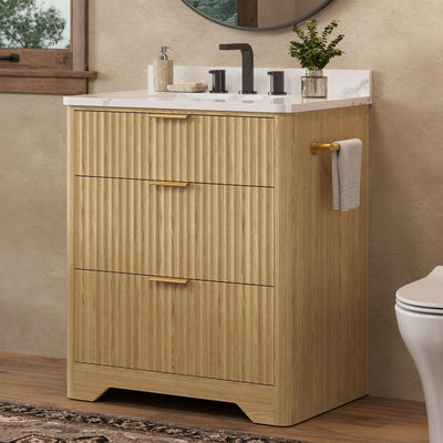 IRONCK 30" Bathroom Vanity with Ceramic Sink, Freestanding Bathroom Sink Cabinet with 2 Drawers & 1 Flip-Down Drawer, Wood Grain Texture, Farmhouse