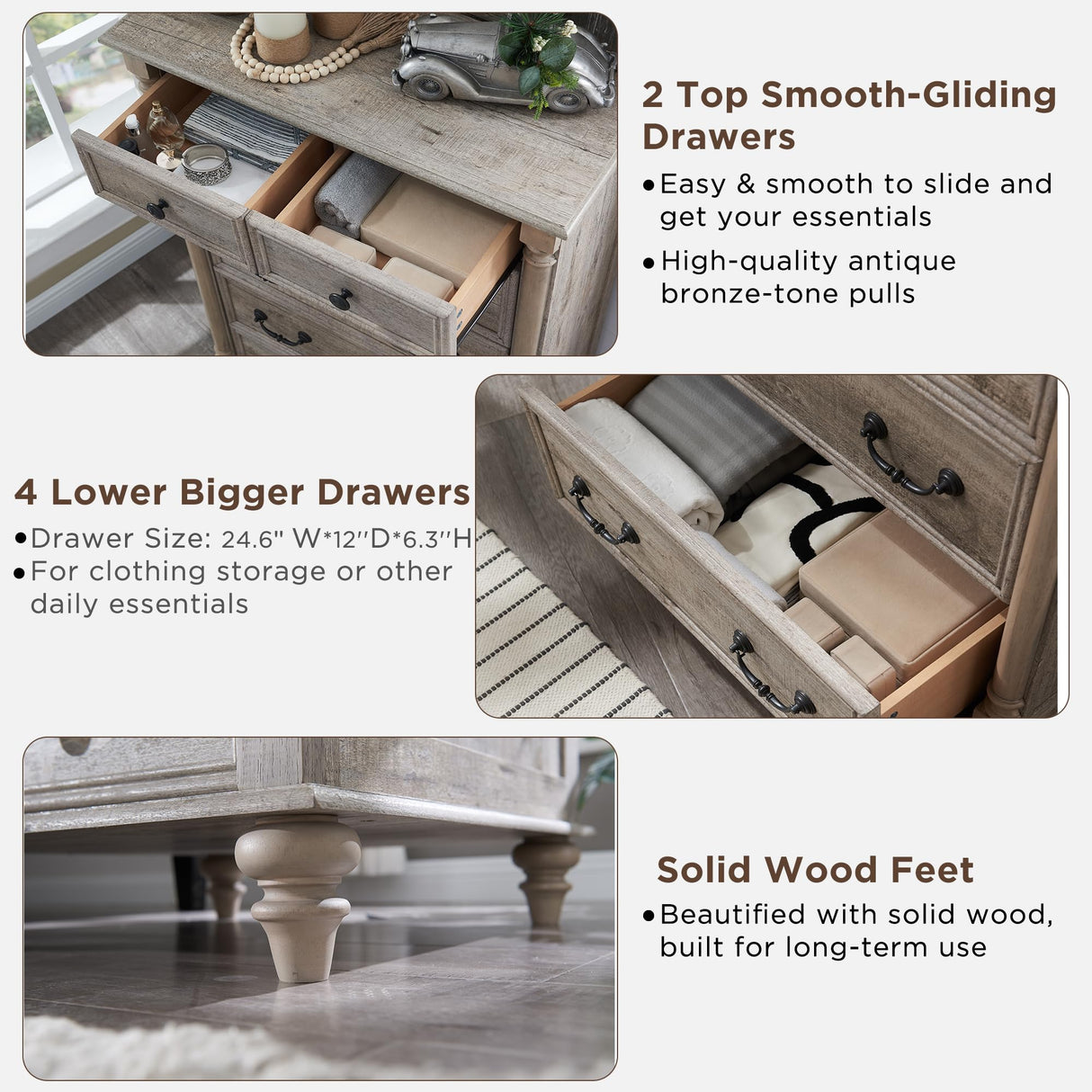 T4TREAM Farmhouse 6 Drawers Dresser Chests for Bedroom w/4 Solid Wood Feet & Column Decor, Tall Wood Country Rustic Chest of Drawers, Storage T4TREAM