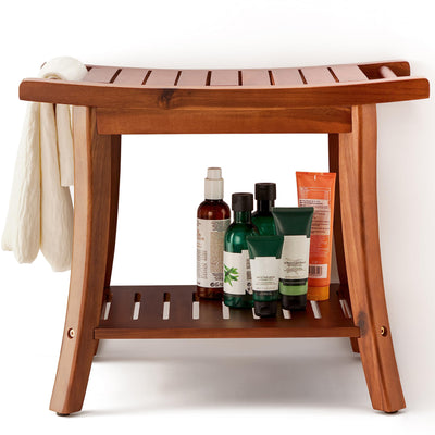 Tinamo Acacia Wood Shower Benches for Inside Shower - Wooden Shower Stool Waterproof for Shaving Legs - Bench Seat with Storage Towel Shelf for Bathroom - Chair Spa Bath (22" x 13" x 18.6") (Acacia)