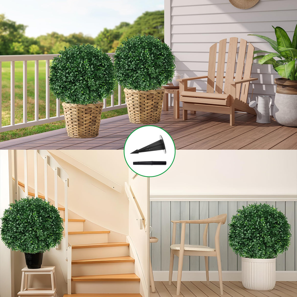 Grooy Artificial Boxwood Topiary Ball Tree with Ground Spike, Set of 2 Artificial Shrub Bushes, Fake Evergreen Tree for Porch, Artificial Plants for Outdoor Planters Indoor UV Resistant Grooy