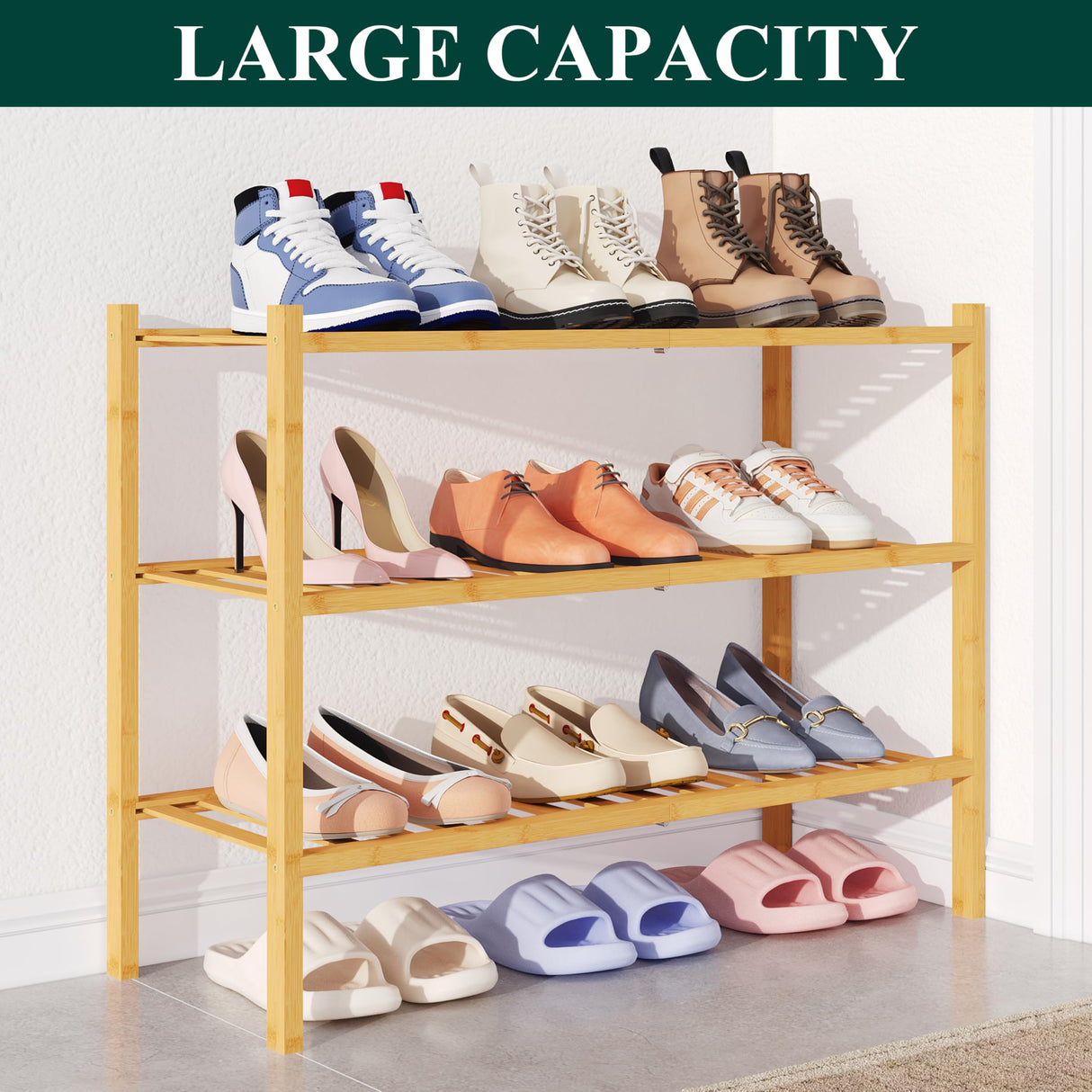 Smiry Bamboo Shoe Rack for Closet, 3 Tier Wooden Stackable Shoe Organizer, Free Standing Shoes Storage Shelf for Entryway, Front Door Entrance, Natural Smiry