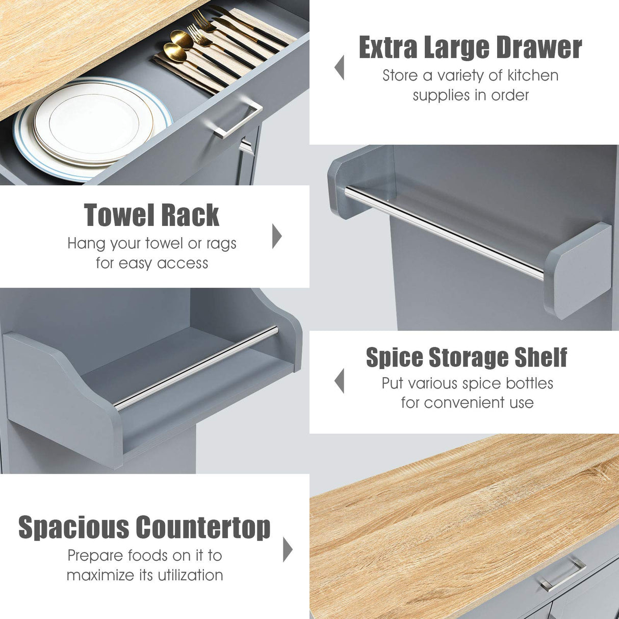 Giantex Kitchen Island, Rolling Kitchen Cart with Spice and Towel Rack, Large Drawer & 2-Door Storage Cabinet, Home Service Cart on Lockable Wheels, Wood Kitchen Trolley, Spacious Tabletop (Gray) Giantex