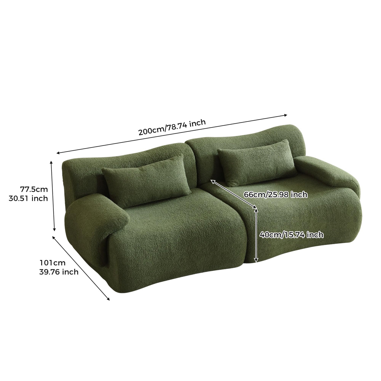 Rubikliss Cloud Sectional Sofa for Living Room, 78'' Boucle Boneless Loveseat with 2 Pillows, Modern Oversized Deep Seat Modular Sectional Sofa, High-Density Foam, No Assembly (Green) Rubikliss