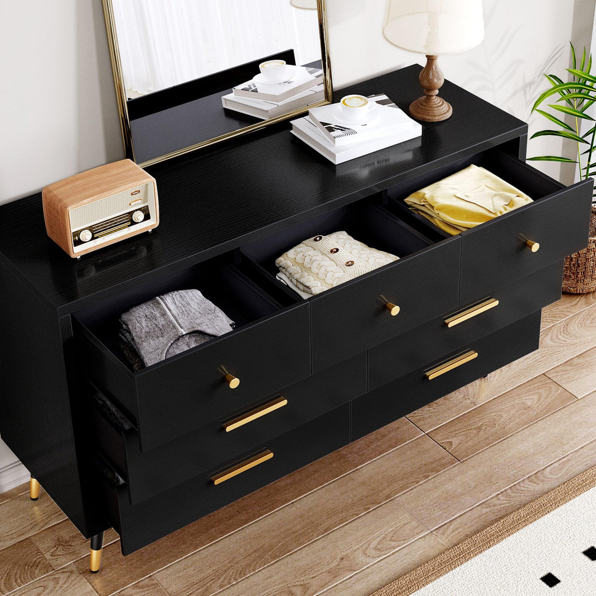 DWVO 7 Drawer Dresser,Black Wood Storage Dressers & Chests of Drawers,Gold Metal Handle & Anti-Tipping Device, Modern Double Dresser Storage,TV Cabinet for Bedrom DWVO