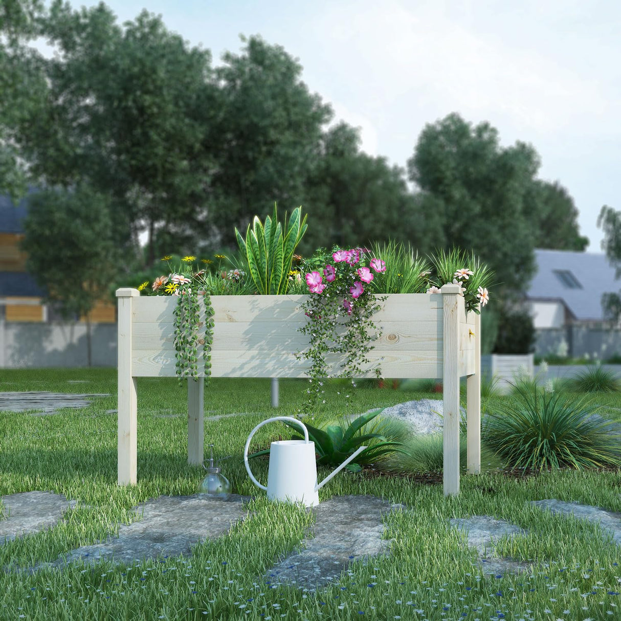 BIRASIL Outdoor Raised Garden Bed, Wood Planter Box for Vegetable Flower, Elevated Reinforced Large Garden Planters Boxes for Backyard Patio Gardening Balcony (48.5”L, Natural Wood) BIRASIL