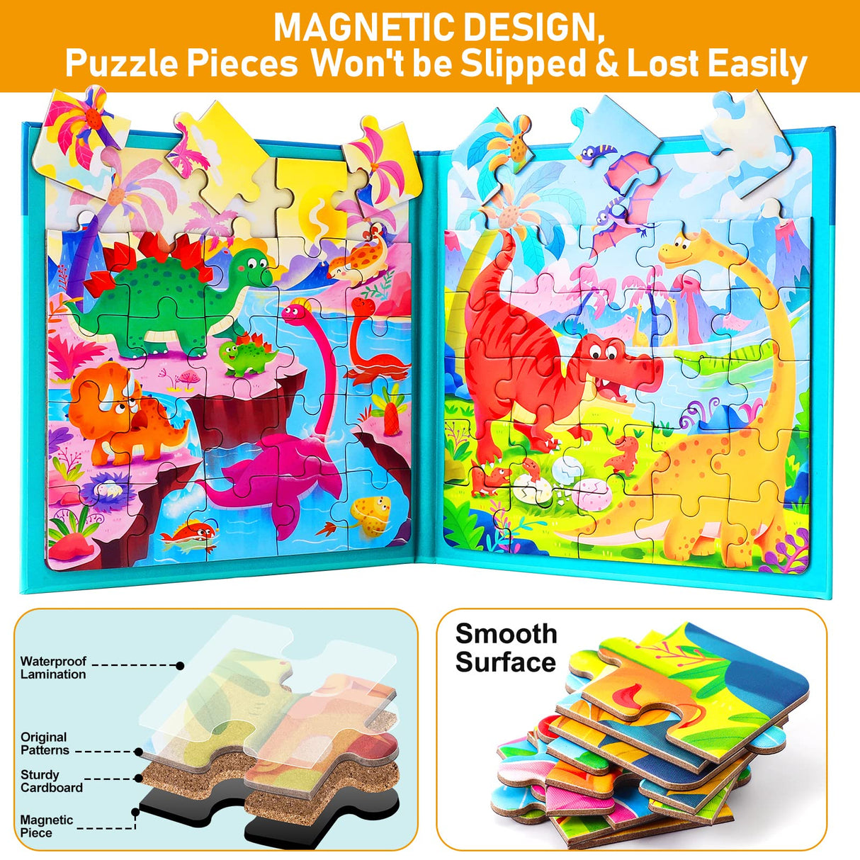Magnetic Puzzles for Kids Ages 3-5, Two-Book Set, Dinosaur Animal Jigsaw Puzzle Magnet Books Travel Games Montessori Preschool Learning Activities Toddler Toys for 3 4 5 6 Year Old Boys Girls Hieoby