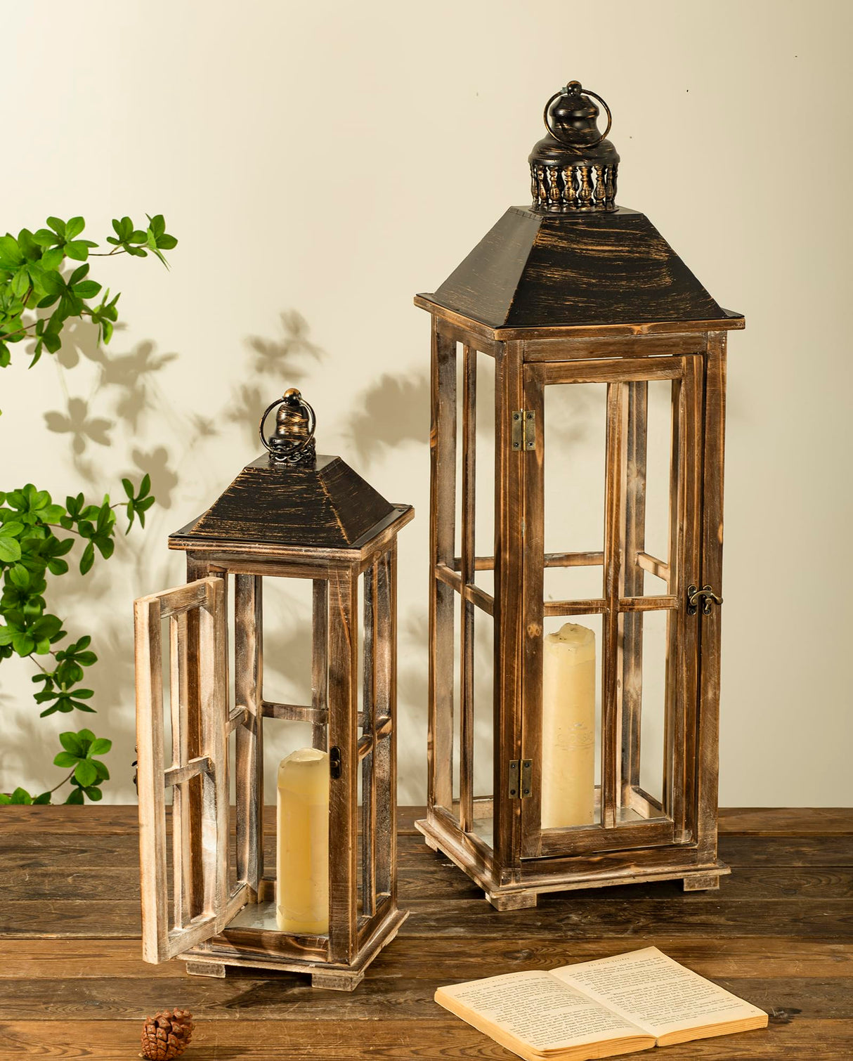 Large Farmhouse Wooden Decorative Lantern Set of 2, Rustic Distressed Brown Burnt Wood Floor Candle Lanterns, Indoor/Outdoor Hanging Lanterns for Home Decor (No Glass) TIMRIS