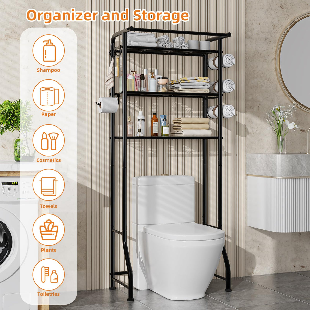 Simple Trending 3 Tier Over The Toilet Rack, Shelf Bathroom, Bathroom Stand Organizer Space Saver, Black Simple Trending