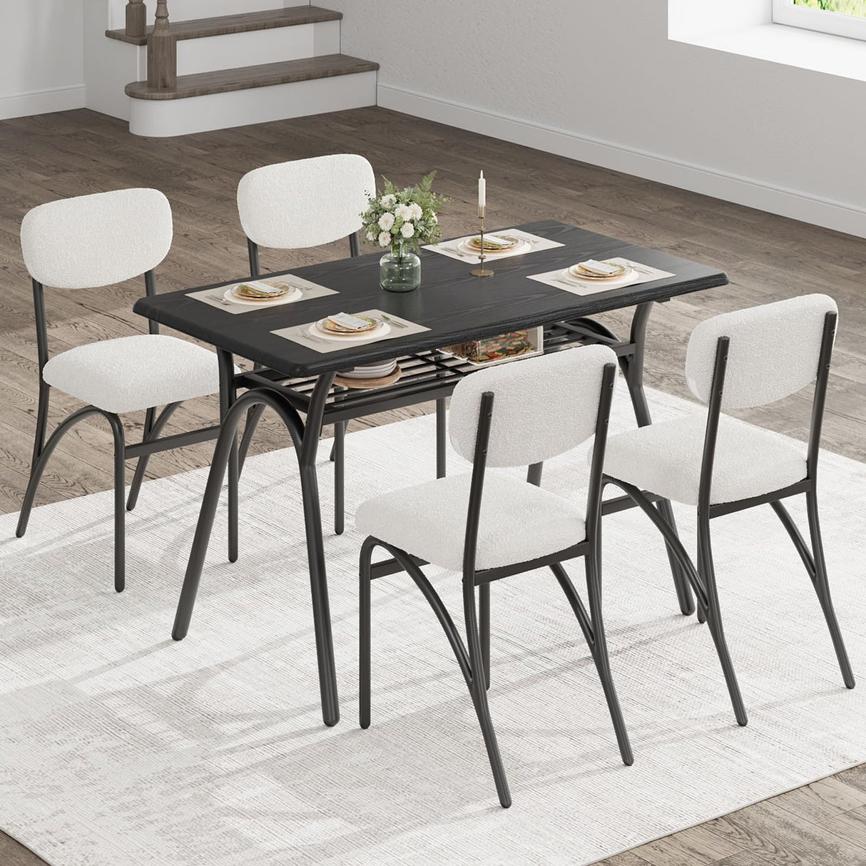 GarveeHome 5-Piece Dining Table Set for 4, Modern Kitchen Table with 4 Boucle Chairs, Rectangular Dining Table with Storage Shelf & Marble Tabletop, Beige Home Dining Furniture for Small Space GarveeHome