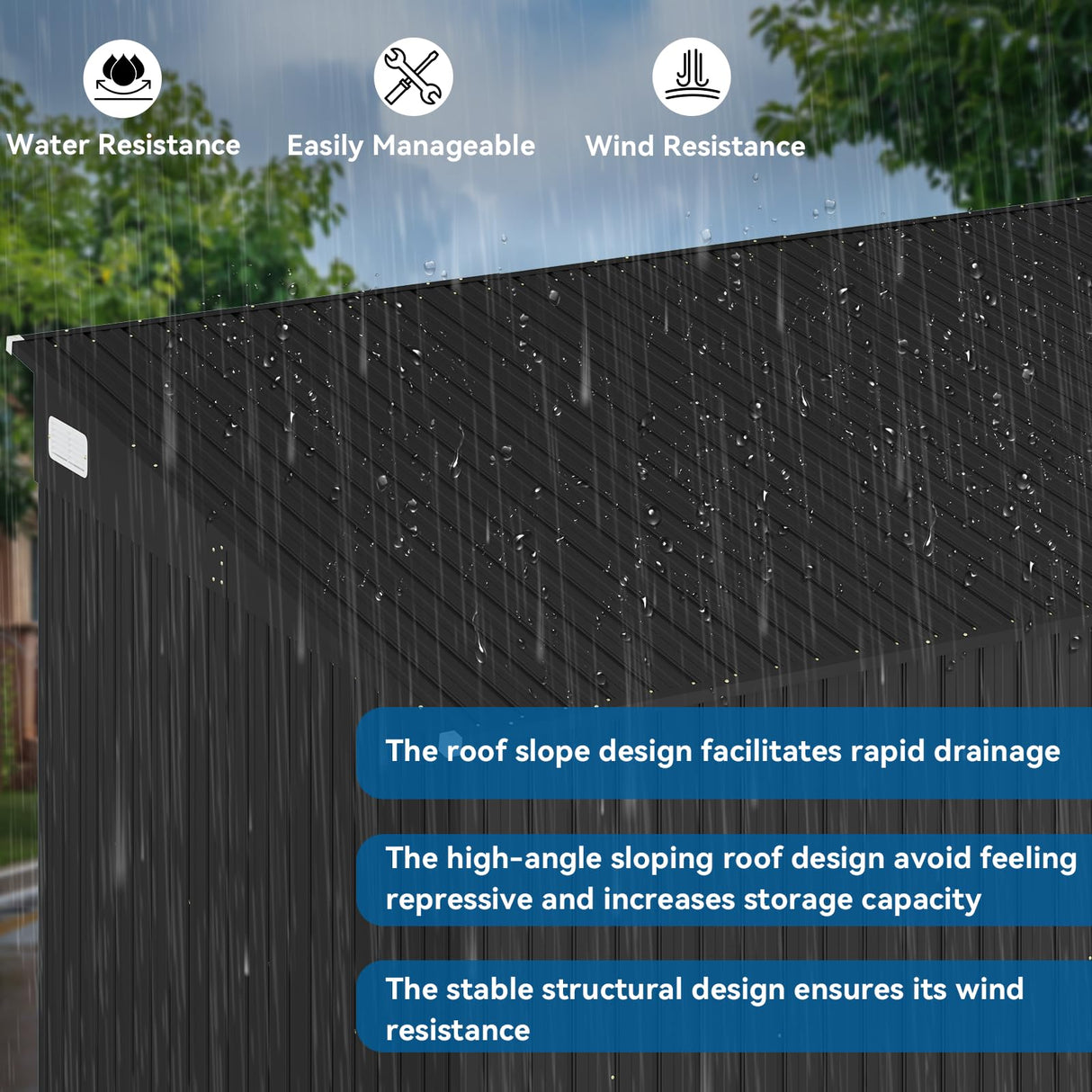 BinpLax 434 cu.ft Shed 12x7.4 Ft Premium Galvanized Steel Storage Sheds with Triple Doors Weatherproof Outdoor Utility Sheds, Dual Lock Lean to Shed for Mower, Bike, Generator, Garden Tools (Black) BinpLax