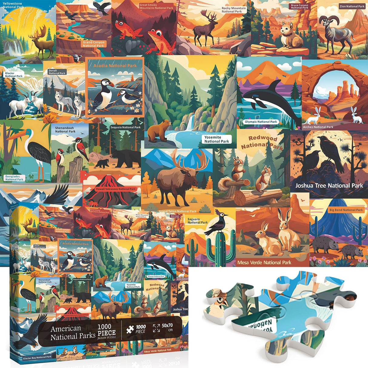 American National Parks Puzzle for Adults 1000 Pieces, PICKFORU Travel Poster Landscape Puzzle Scenery of Zion Yellowstone Yosemite with Animals, Scenic Jigsaw Puzzles for Adults Mountain Scene PICKFORU