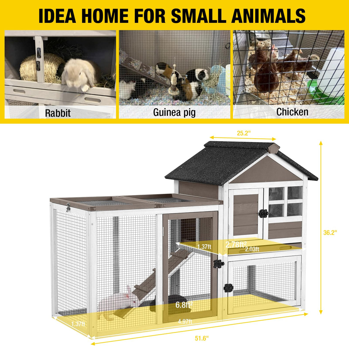 Aivituvin 51.6''L Rabbit Hutch Outdoor Chicken Coop Indoor Bunny Cage with Run,Guinea Pig House Pull Out Upper Tray (51.6" L x 25.2" W x 36.2" H, Brown-1 Set) Aivituvin