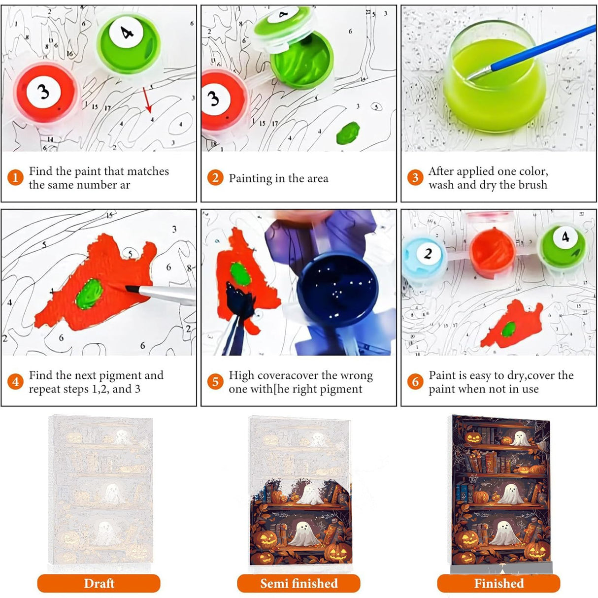 stnckic Halloween Paint by Number kit for Adults, Ghosts Adults' Paint-by-Number Kits on Canvas Bookshelf Easy Acrylic Oil Painting by Number for Adults for Home Decor Gift 16x20 Inch stnckic