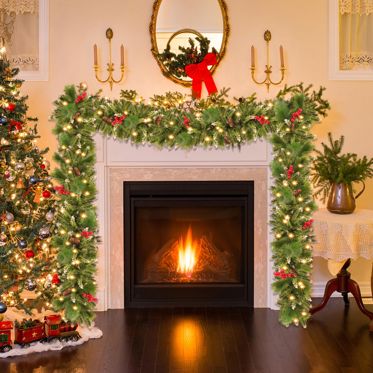 Christmas Garland with Lights, 50 LEDs 9FT Prelit Garland Battery Operated Outdoor Indoor Christmas Decorations Lighted Garland for Stairs Railing Fireplace Mantle Front Door Home Holiday Decor Xander