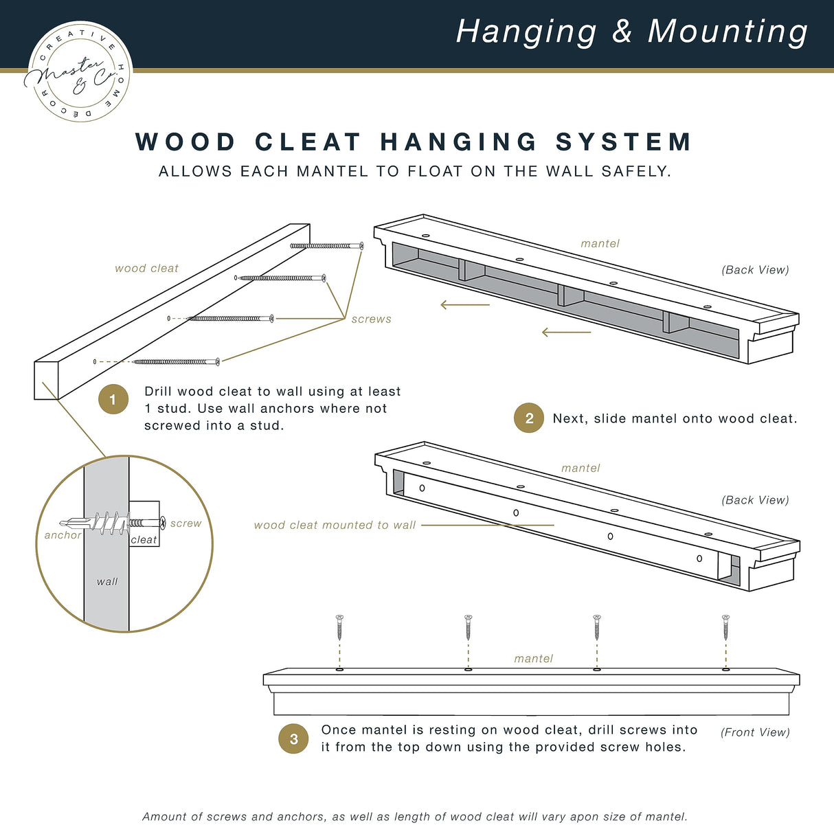 MCS 60-Inch Mantel, Master & Co Gray Woodgrain Finish Solid Wood Floating Fireplace Mantel, Long Floating Shelf for Livingroom with Wood Cleat Hanging System, Photo and Home Decor Display Shelf MCS