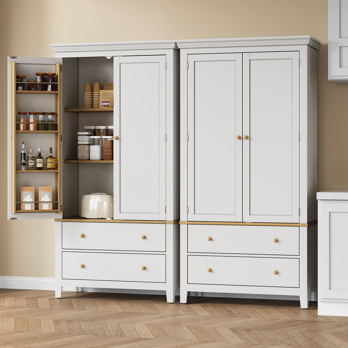 RoyalCraft 70'' Tall Kitchen Pantry Cabinet, Large Storage Cabinet with 8 Door Shelves, White Kitchen Cabinet with 2 Drawers & Adjustable Shelves for Dining Room, Living Room, Laundry RoyalCraft
