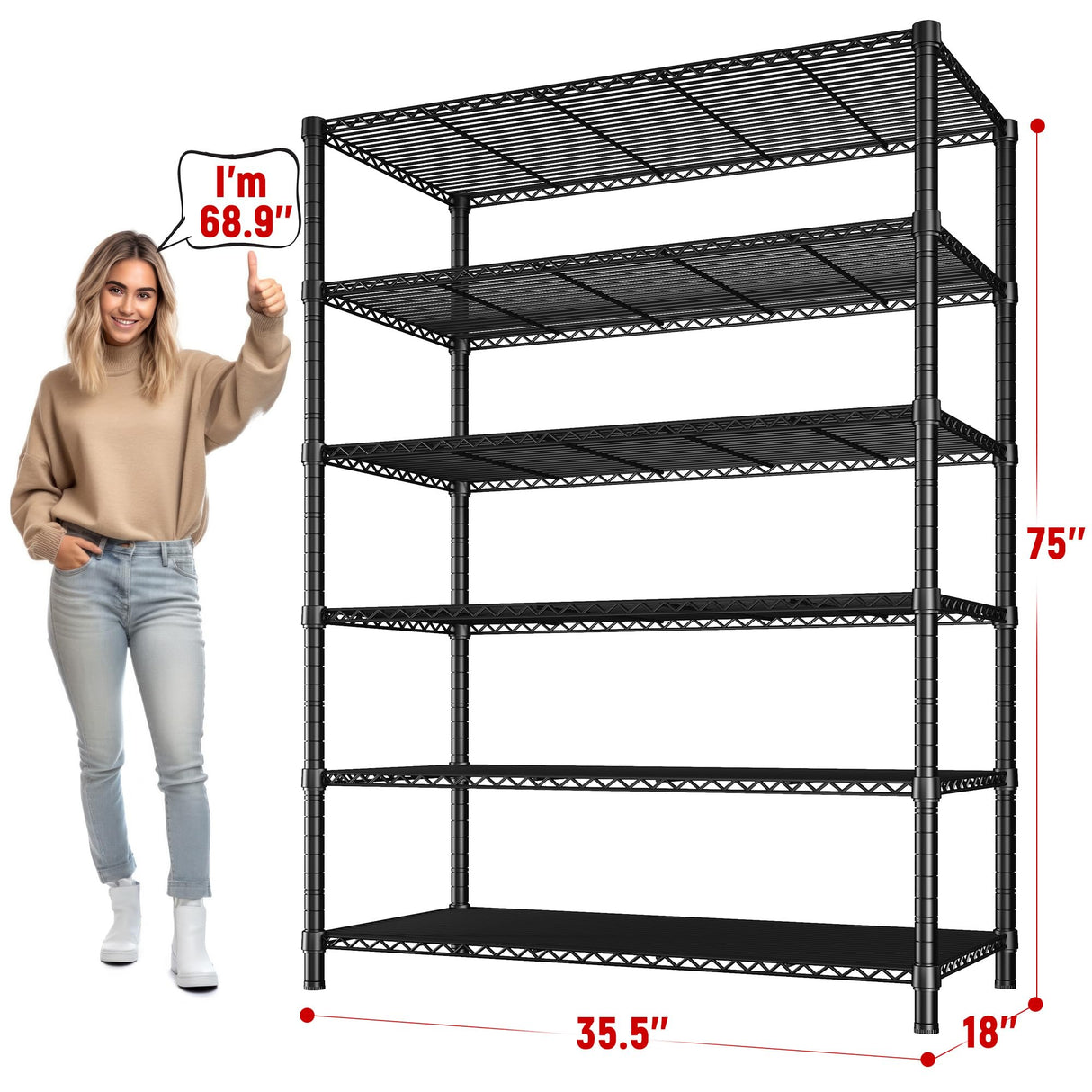 REIBII 6 Tier Wire Shelving,1800LBS Storage Shelves Metal Shelves for Storage Rack,75''H Adjustable Garage Shelving Heavy Duty Shelving Units Pantry Shelf Kitchen,75''HX35.5''WX18''D REIBII