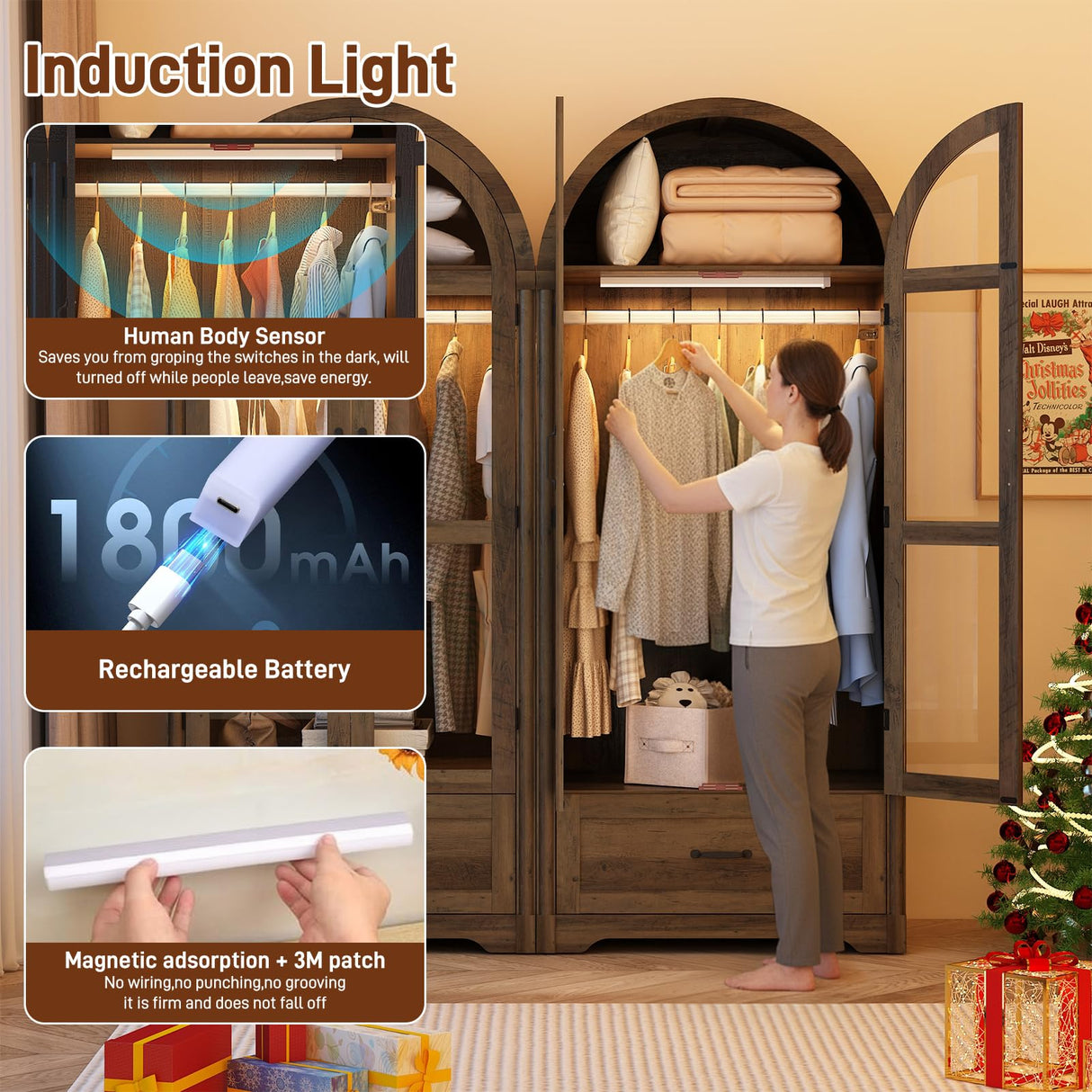 chartustriable 2 Doors Arched Armoire Wardrobe Closet w/Drawers,LED Light,Wooden Closet Wardrobe Cabinet with Hanging Rod for Bedroom,Modern Armoire Storage Cabinet w/Shelf,Rustic Oak chartustriable