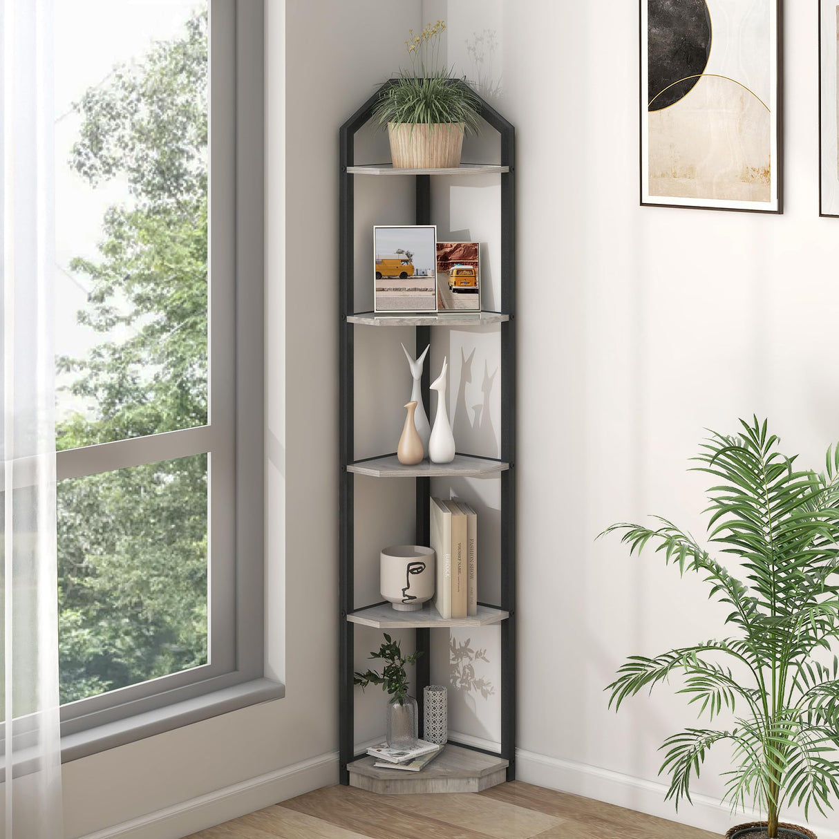 Fun Memories 5 Tier Corner Shelf, 70” Corner Shelf Stand, Corner Bookshelf Plant Stand, Storage Shelf for Bathroom, Living Room, Kitchen,Grey Home Office, Grey Fun Memories