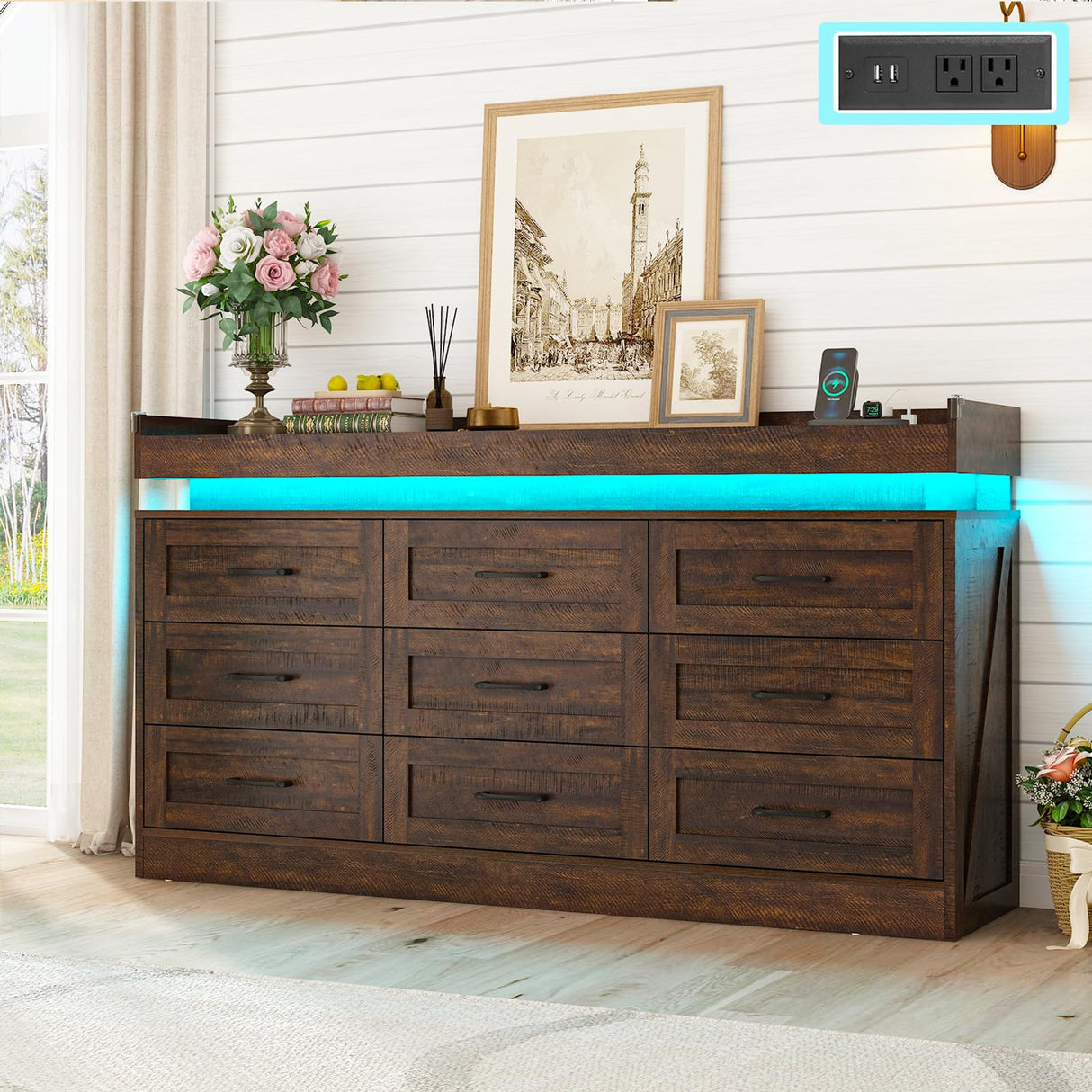 Hlivelood Large Farmhouse 9 Drawers Dresser for Bedroom with LED Light and Power Outlets,63" Wide Wood Rustic 9 Chests of Drawers for Closet,Tall Storage Dresser Organizer for Bedroom(Antique Brown) Hlivelood