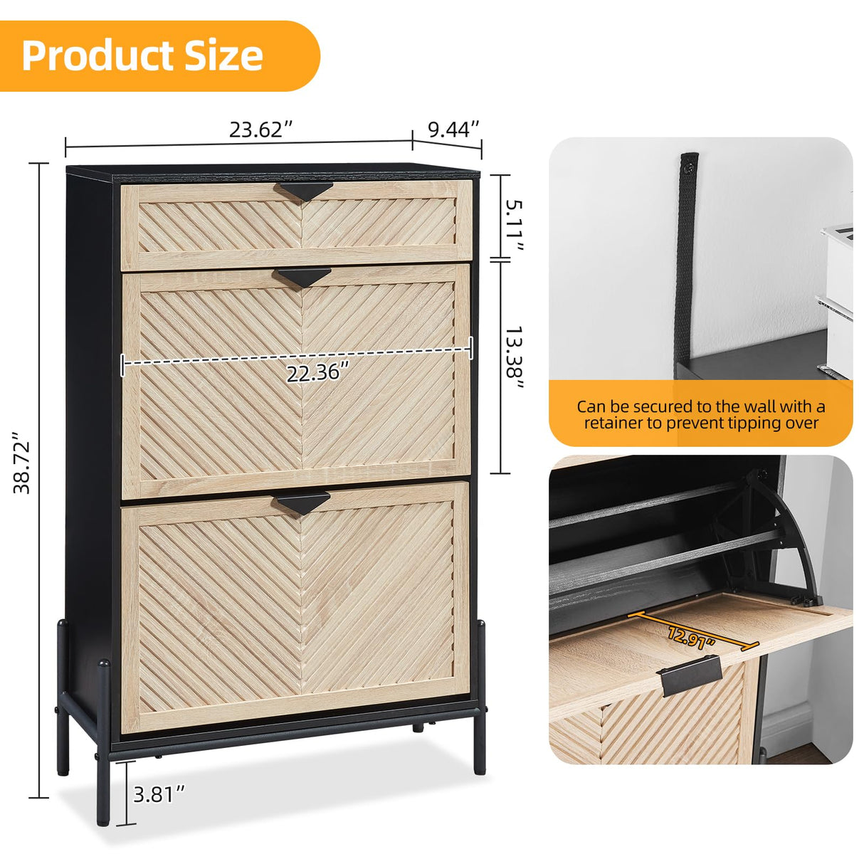 HUSHEDIFY Shoe Cabinet Storage with 2 Flip Drawers, Narrow Hidden Shoes Organizer Cabinet for Entryway, Freestanding Slim Shoe Rack Front Door Entrance(Oak&Black) HUSHEDIFY