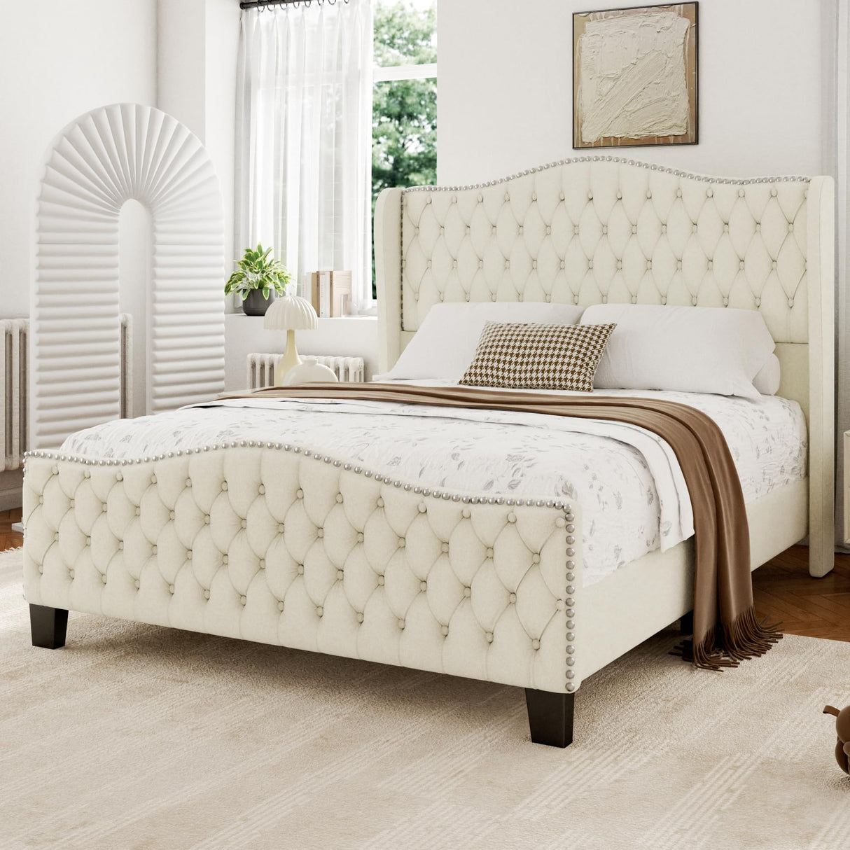 King Bed Frame with 51" Tall Headboard, Velvet Upholstered Platform Bed with Deep Button Tufted, Footboard & Nailhead Trim Wingback, No Box Spring Needed, Noise Free-Beige Konprosp