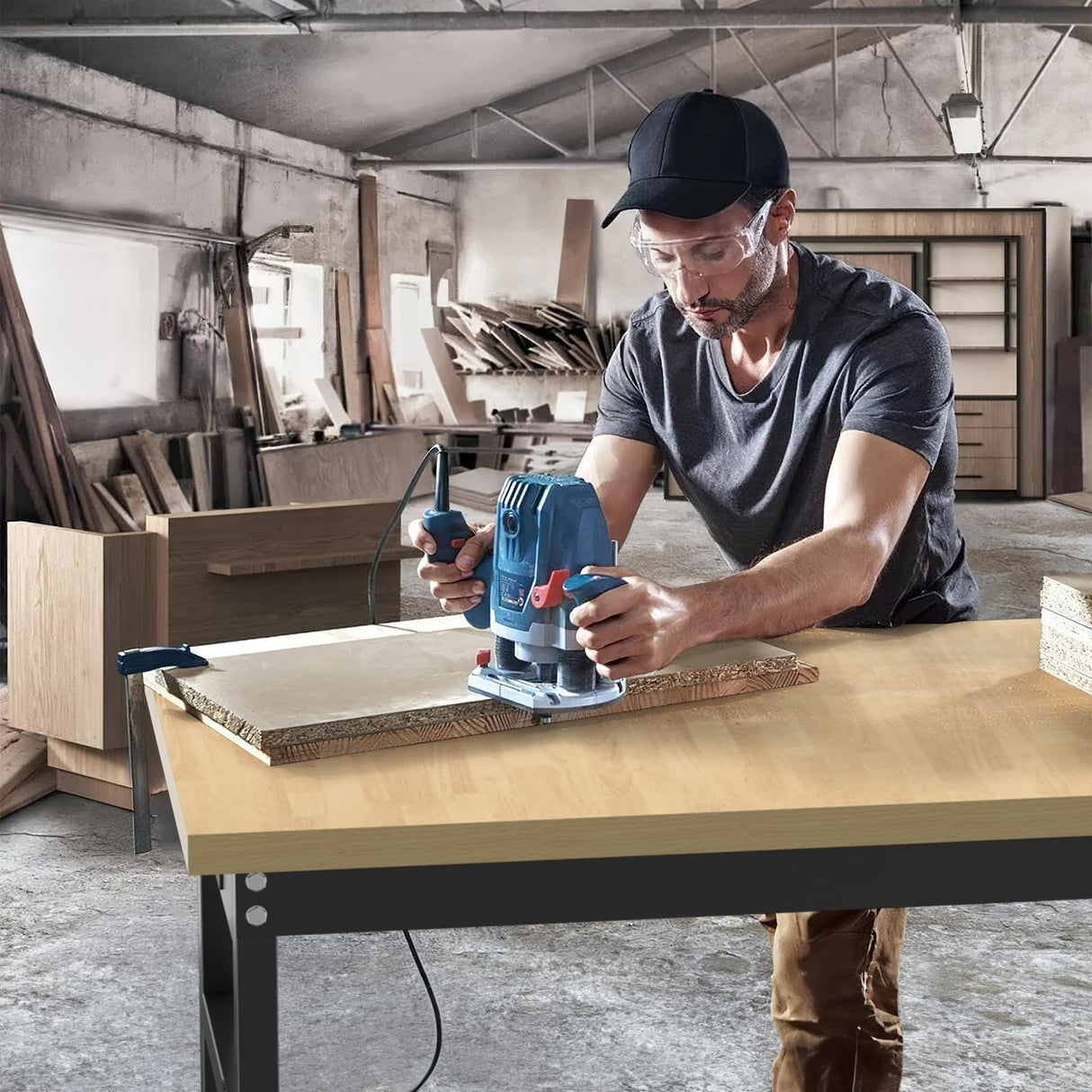 Granper 48" Work Bench with Drawers, Adjustable Height Workbench with Wheels and Power Outlets, Heavy-Duty 3000 LBS Capacity Wood Work Table for Garage, Workshop, Office, Home Granper