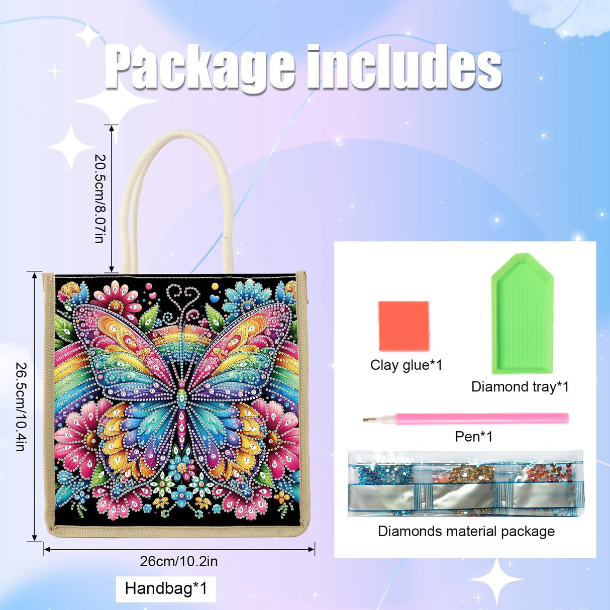 MVVMTOP Diamond Painting Kit Handbag, 5D DIY Rainbow and Butterfly Pattern Diamond Art Crystal Special Shape Crystal Artificial Canvas Bag, Shopping Storage Tote Gift Large Storage Bag MVVMTOP