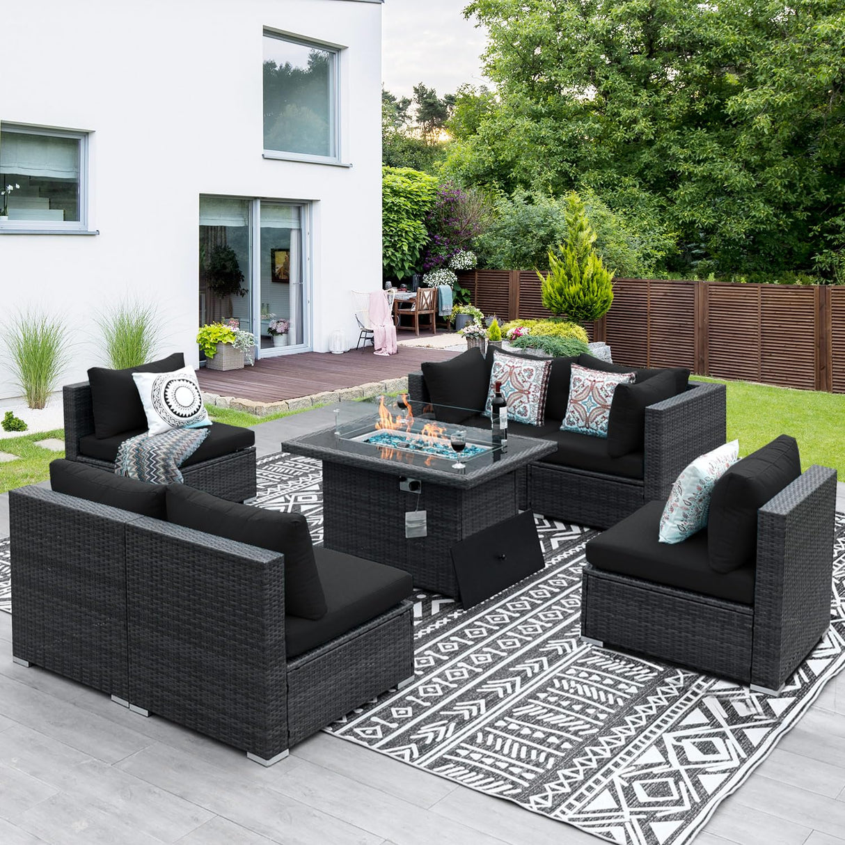 NICESOUL 9 Piece Extra Large Outdoor Patio Furniture Conversation Set with Fire Pit Natural Gas/Propane, 29.3'' High Back Modular Deep Seat Sectional Sofa Set for Outside, 2 Color Cushion Black&Gray NICESOUL