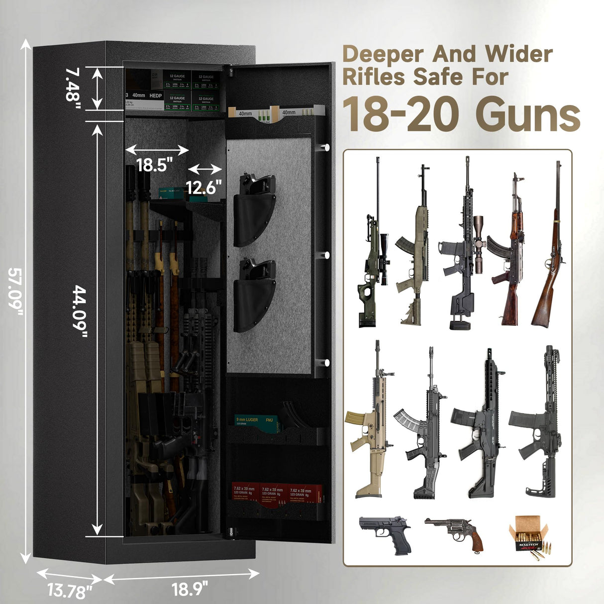 KAER 20 Biometric Gun Safe, Wider and Deeper Fingerprint Gun Safes for Rifle and Pistols, Large Quick Access Heavy-Duty Gun Cabinet for Firearm Ammo with Removable Shelf & Gun Rack, Assembled KAER