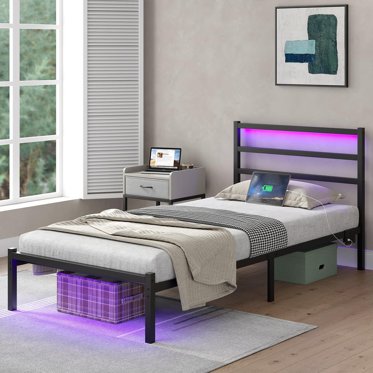 CollaredEagle Twin Size Bed Frame with Headboard, Metal Platform Bed Frame with LED, Charging Station, No Box Spring Needed, Easy Assembly, Noise Free, Black CollaredEagle