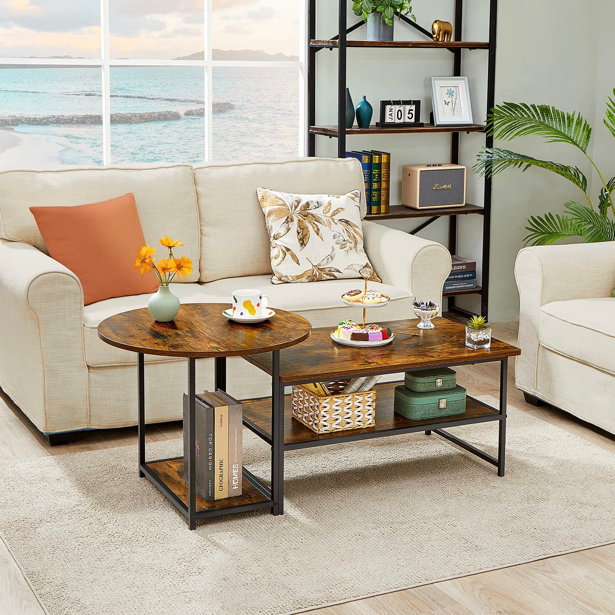 WOHOMO Coffee Table, Mid Century Modern Coffee Table for Living Room Rustic Farmhouse Center Table 2 in 1Detachable Table Set, Rustic Brown WOHOMO